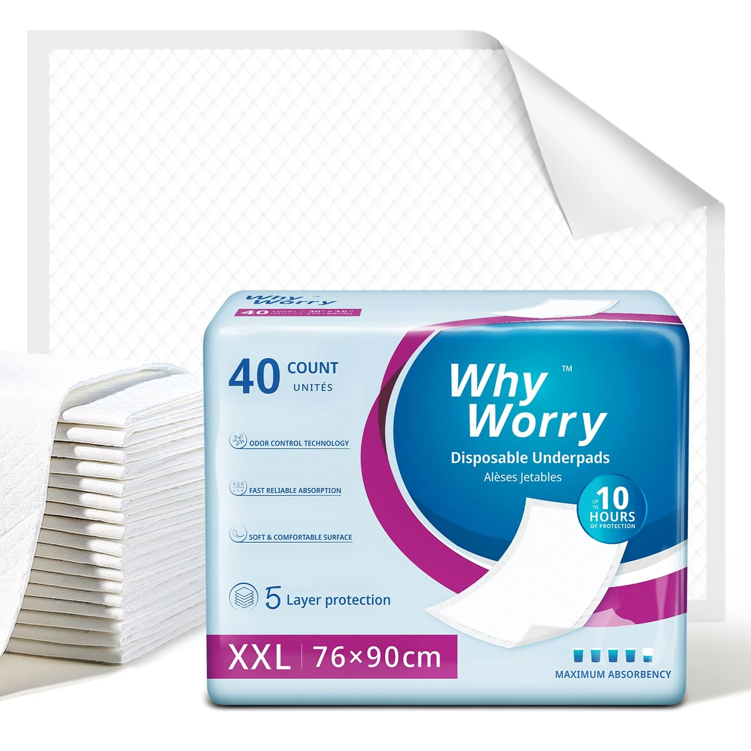 WhyWorry Disposable Incontinence Bed Pads 76 x 90 cm, Bed Wetting Mats for Adults, Underpads, Pee Pads, Mattress Protectors, Waterproof Bed Sheets for Babies & Children, 80 Count (2 Packs of 40)