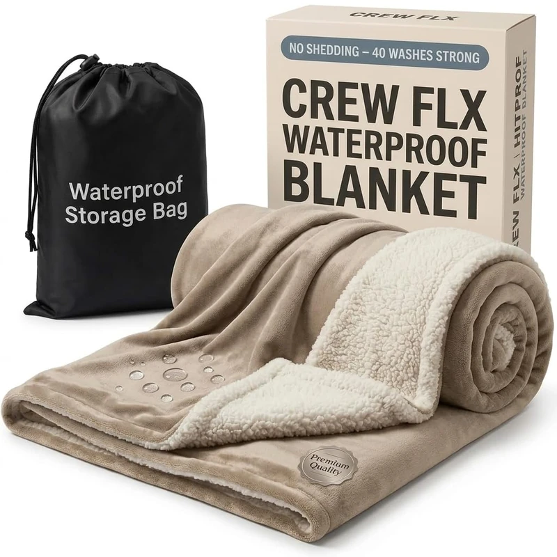 CREW FLX King Size Waterproof Blanket for Bed Intimacy (90"x 80") Reversible Fleece | Sherpa, Love Blanket, Water Proof TPU Stain Proof Couch Furniture Mattress Pet Bed Cover - Beige
