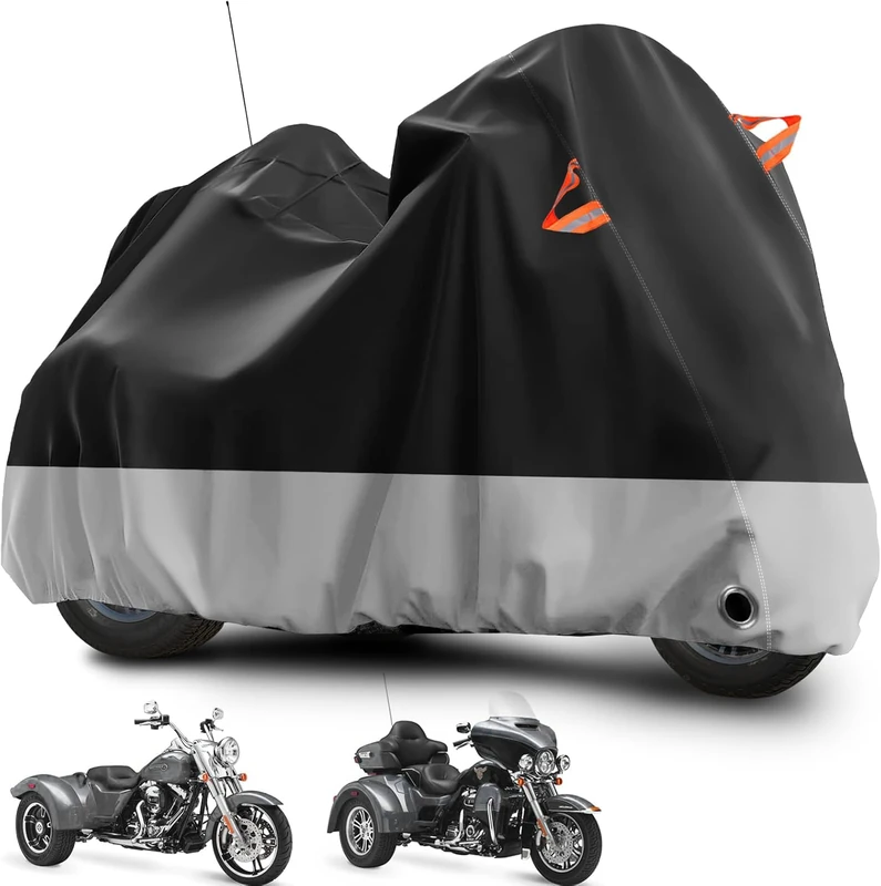 Tokept Trike Motorcycle Cover, Outdoor Waterproof Vehicle Cover with Windproof Buckle Reflective Strip for Harley Davidson, Honda Gold Wing, Kawasaki 3 Wheel Motorcycle Accessories (Black&Grey)