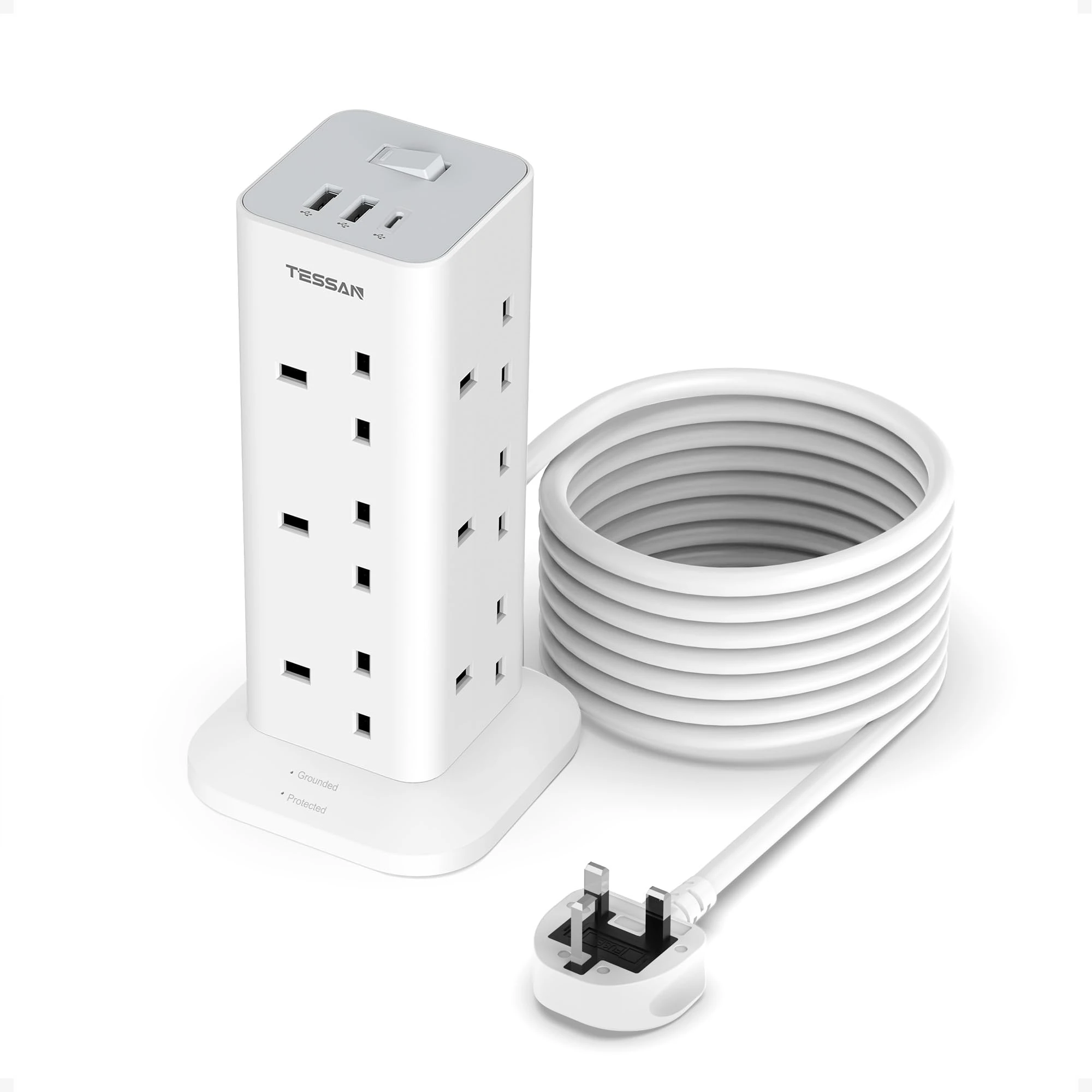 Tower Extension Lead 5M with USB C Slots, TESSAN 12 Way Plug Extension Socket with 3 USB Ports, Multi Plug with Switch(13A 3250W), Power Strip for Office, Home, School, Kitchen Supplies