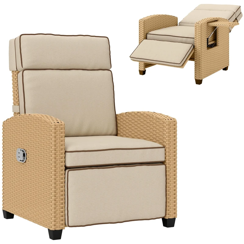 Outsunny Rattan Garden Recliner Chair, Adjustable Backrest Reclining Rattan Chair with Flip Table, Cushion and Footrest, Indoor Outdoor Lounge Reclining Sun Lounger for Patio, Khaki/Beige