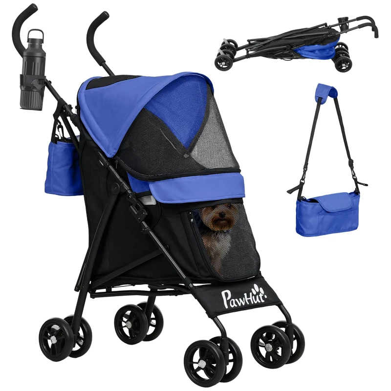 PawHut Folding Dog Buggy for Dogs & Cats with Mesh Windows, Shoulder Strap, Storage Bag, Cup Holder, Umbrella, Cat Trolley, Dark Blue - Image 1