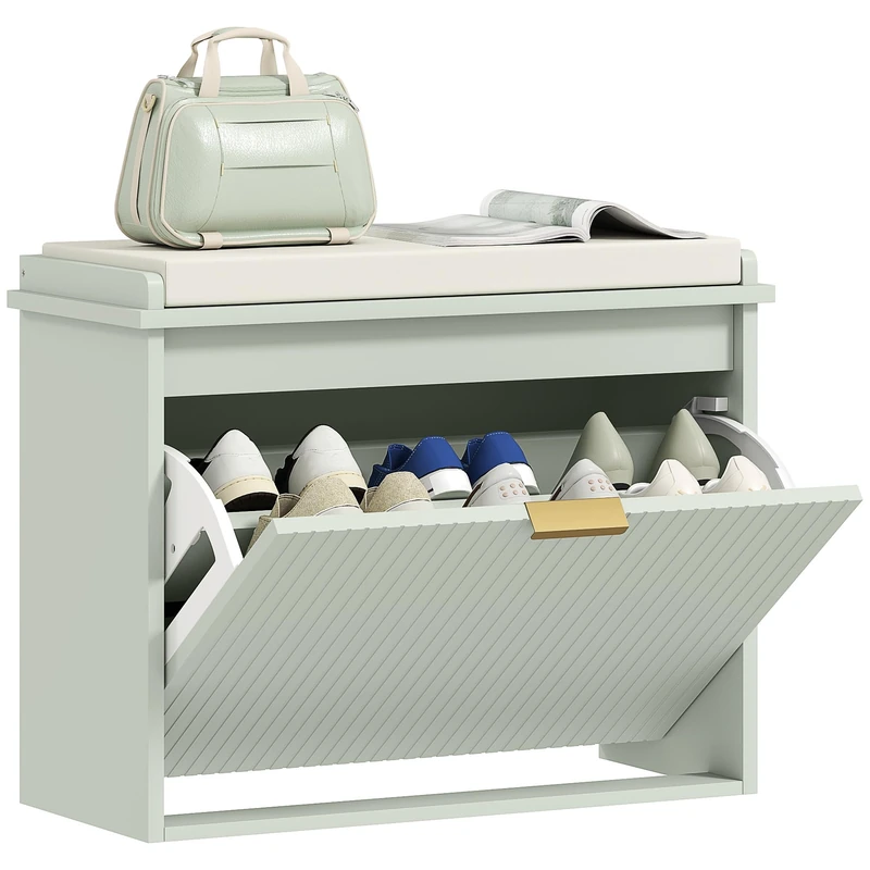HOMCOM Shoe Bench with Padded Seat Cushion and Flip-Drawer, Shoe Cabinet Holds up to 120kg for Hallway, Entryway and Porch, 62x26x47.5cm, Green