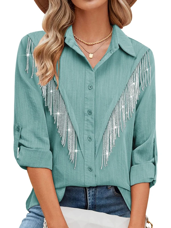 MYMORE Womens Rhinestone Fringe Button Down Shirt Rolled 3/4 Sleeve Sparkly Top Concert Nashville Western Cowgirl Outfit, O_paleturquoise, XL