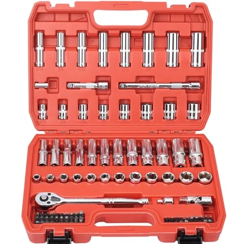 3/8” Drive Socket Set, 76 Pieces Ratchet Wrenches Set, Standard and Deep Metric (8 to 19mm)/SAE (5/16 to 3/4 inch) Size, with 72-Tooth Ratchet for Auto Repairing and Household, with Storage Case