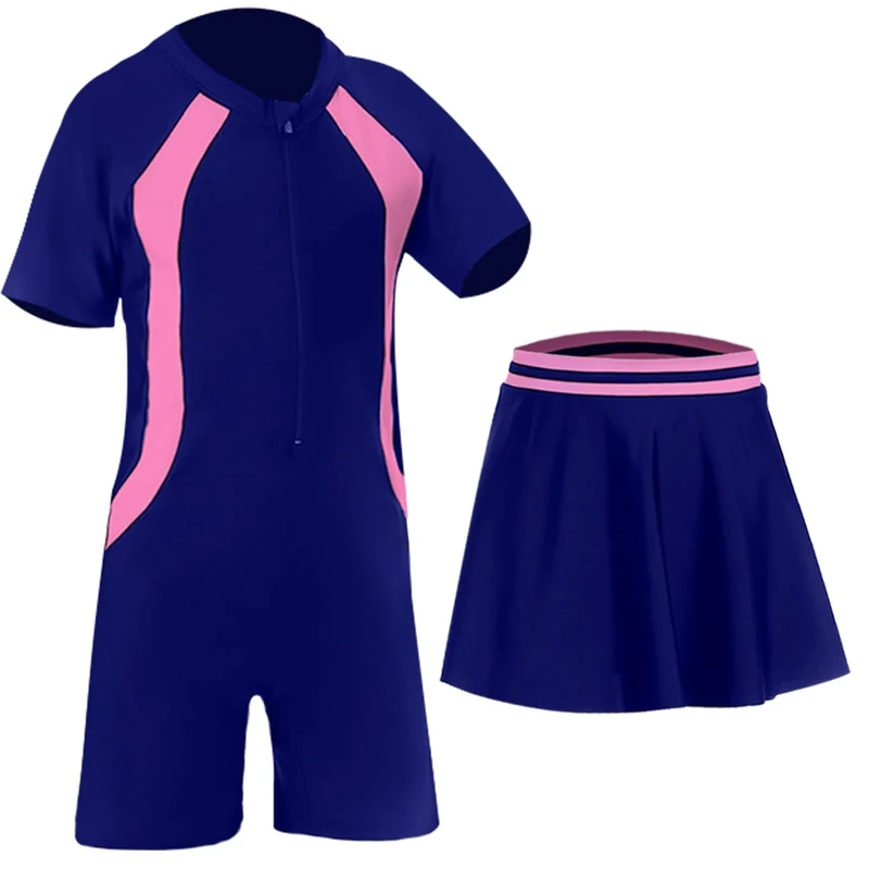 UoQo 2in1 Swimming Costume for Girls Short Sleeve One Piece Swim Suit with Skirt Quick Drying Kids Swimwear for Summer Swim Beach Water Sports (UK, Age, 9 Years, 10 Years, Regular, Blue)