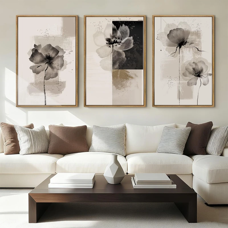 IARTTOP Neutral flower Framed Wall Art 16x24 Inch Black Beige Abstract Floral Canvas Wall Decor Modern Minimalist Flower Paintings for Living Room Bedroom Dining room Set of 3