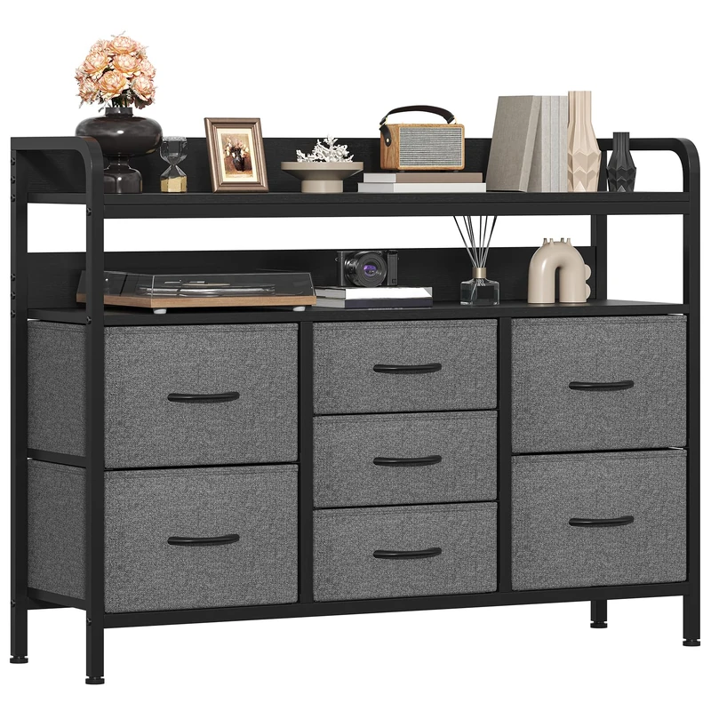GoaHi Chest of Drawers Bedroom, 7 Fabric Drawers with 2 Layers Shelf, Storage Organizer Unit for Bedroom Living Room Closet, Sturdy Steel Frame & Wooden Top, Fabric Dresser, Deep Gray