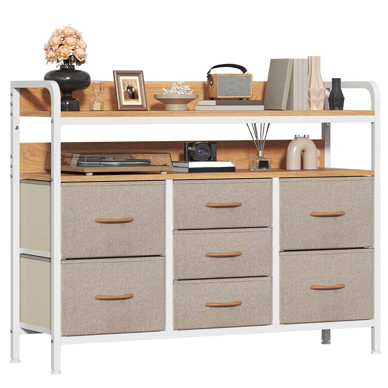 GoaHi Chest of Drawers Bedroom, 7 Fabric Drawers with 2 Layers Shelf, Storage Organizer Unit for Bedroom Living Room Closet, Sturdy Steel Frame & Wooden Top, Fabric Dresser, Beige