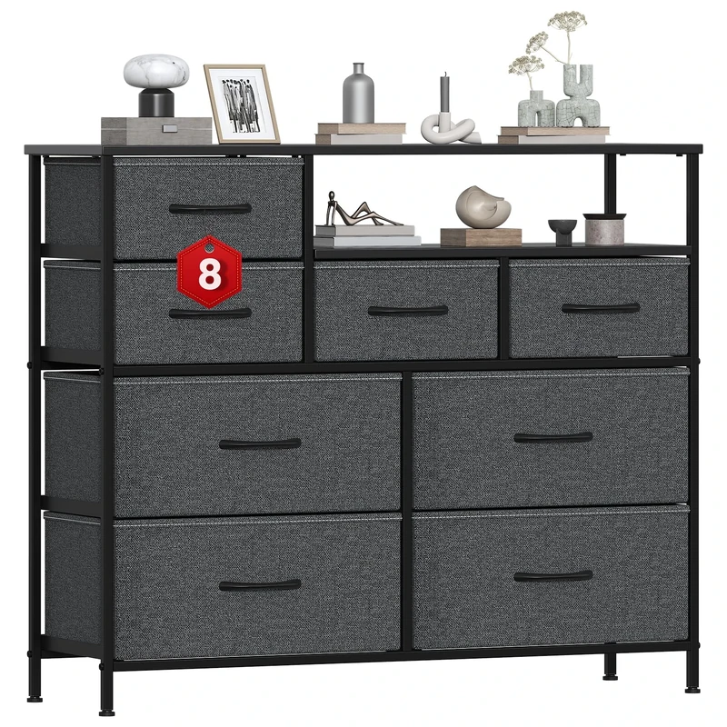 GoaHi Chest of Drawers with 8 Drawers,Bedroom Drawers, Fabric Dresser with Wood Top,Drawer storage unit for for Bedroom, Living room, Deep Gray