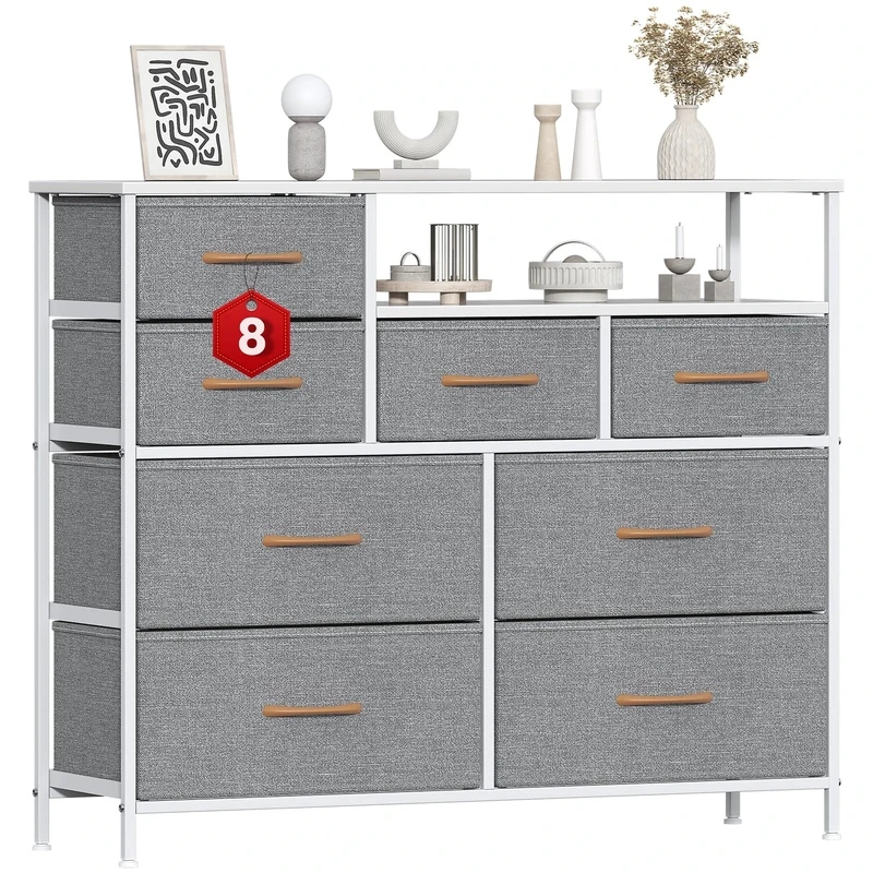 GoaHi Chest of Drawers with 8 Drawers,Bedroom Drawers, Fabric Dresser with Wood Top,Drawer storage unit for for Bedroom, Living room, Light Grey