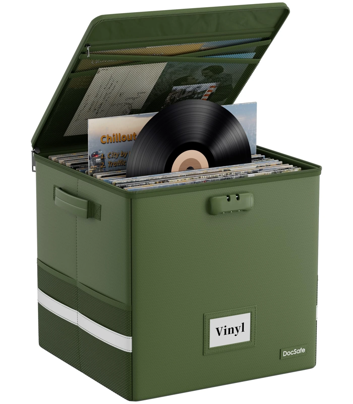 DocSafe Vinyl Record Storage Box ,Fireproof＆Waterproof Vinyl Storage Case for 12 inch Records Holds up to 100+ Single Records,Collapsible Portable Record Organizer with Lock Green