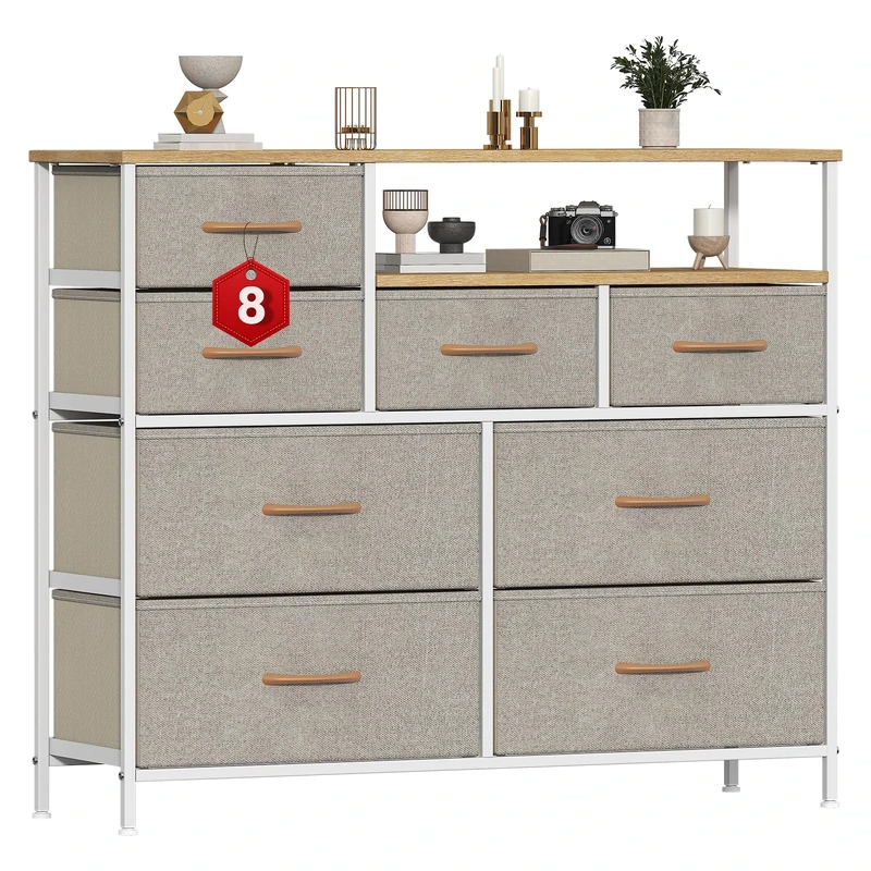 GoaHi Chest of Drawers with 8 Drawers,Bedroom Drawers, Fabric Dresser with Wood Top,Drawer storage unit for for Bedroom, Living room, Beige