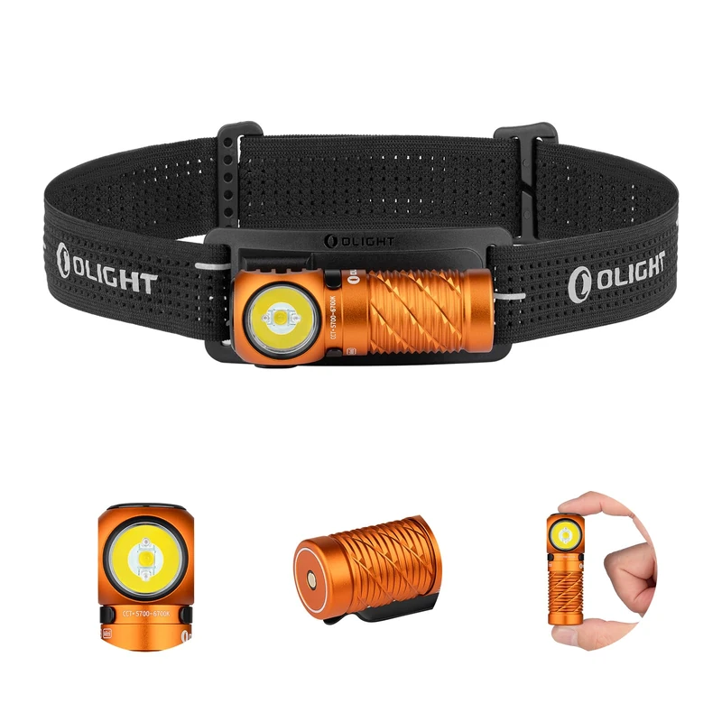 OLIGHT Perun 3 Mini Rechargeable LED Headlamp Right Angle Combining White and Red Practical and Functional 1250 Lumens 155 Metres 10 Days Max (Cool White (5700k~6700k), Orange)