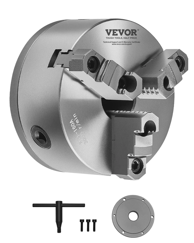 VEVOR 3-Jaw Lathe Chuck, 6 Inch (160 mm), Self-Centering Chuck with 1 1/2 in-8 Threaded Backing Plate, 0.12-5.71 in (3-145 mm) Clamping Range with T-wrench Screws, HT300 Material, for Wood Metal Lathe