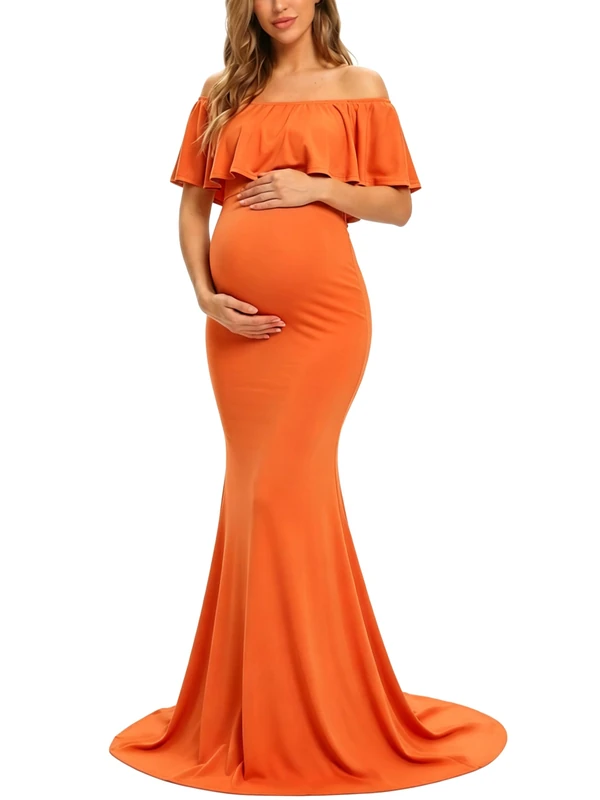Glampunch Womens Off Shoulder Maternity Dress Ruffles Elegant Slim Gowns Fit Maxi Photography Dress, Orange, M