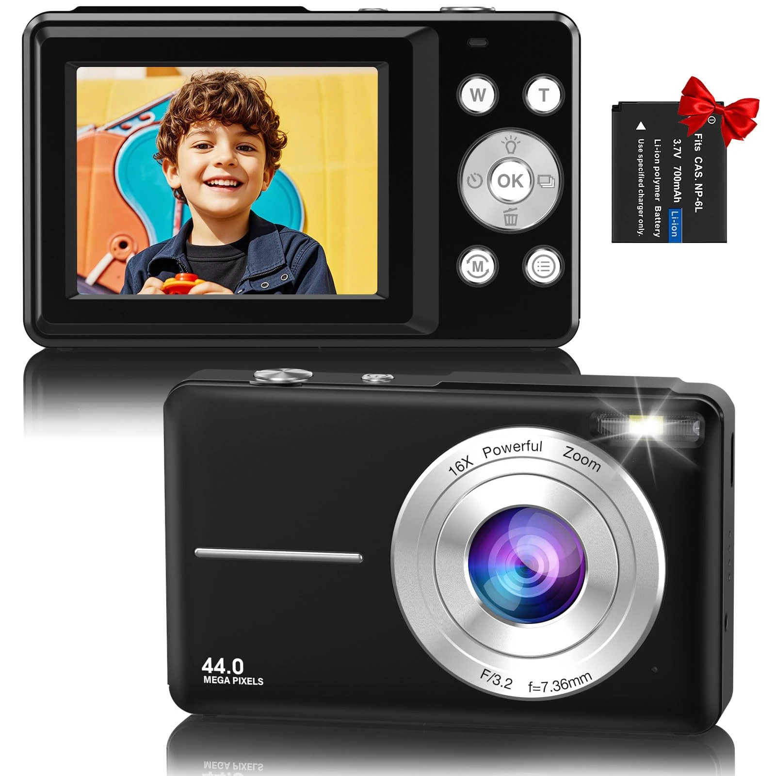 Digital Camera, 1080P FHD 44MP Compact Digital Camera, Compact Vlogging Camera with 2.4" LCD Screen, 16X Digital Zoom, Anti-Shake, Rechargeable, Portable Mini Camera for Kids, Teens, Beginners - Black