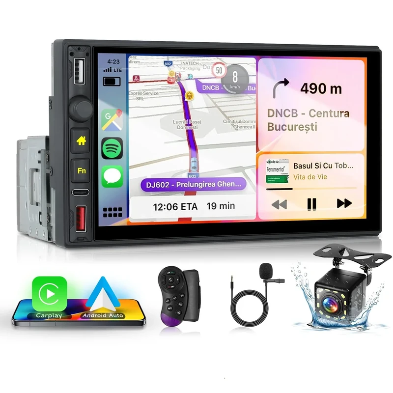 Single Din Car Stereo Radio with Wireless Carplay Android Auto, Hodozzy 7 inch HD IPS Touchscreen 1 Din Car Radio with Bluetooth 5.0 EQ Audio FM Radio Mirrorlink SWC USB/Type-C Ports+Reverse Camera