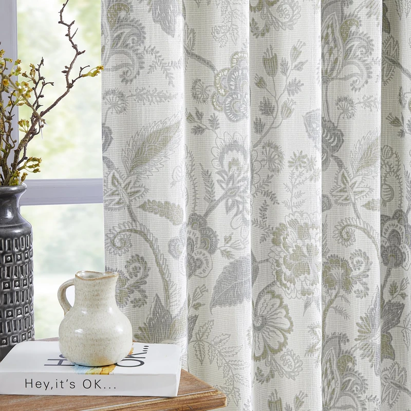 Kayne Studio Botanical Print Blackout Curtains Linen Grey Floral Leaf Farmhouse Drapes Energy Efficient Light Blocking Window Treatments for Living Room Bedroom Pinch Pleated Back Tab,40"x84",2 Panels
