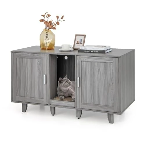 FANTASK Cat Cabinet with 2 Doors & Scratching Board & Entrance, Cat Furniture Side Table for 2 Cats, 120 x 52 x 65 cm (Dark Grey)
