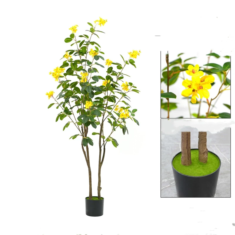 Zstar Artificial Flowering Trees, 150 cm Large Flowering Trees in Pot with Flowers and Leaves for Indoor Outdoor Decoration, Large Realistic Artificial Plants in Pot for Living Room, Office, Parties - Image 1