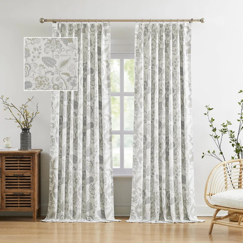Kayne Studio Linen Textured Botanical Blackout Curtains Linen Grey Floral Farmhouse Drapes for Living Room Bedroom Thermal Room Darkening Jacobean Window Panels, Pinch Pleated Back Tab,40x90,2 Panels