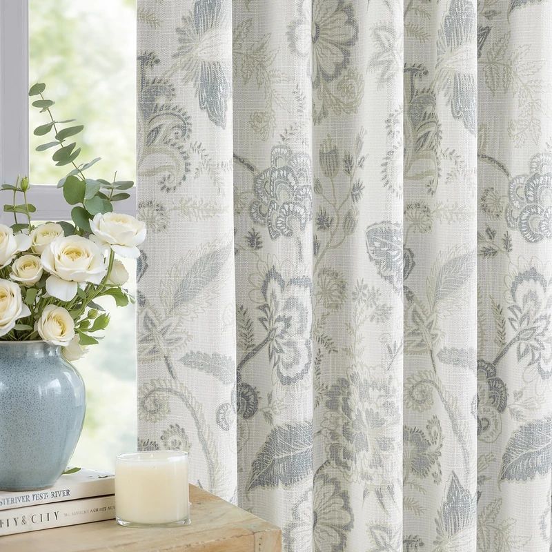 Kayne Studio Botanical Print Blackout Curtains Blue Grey Floral Leaf Farmhouse Drapes Thermal Insulated Light Blocking Window Treatments for Living Room Bedroom Pinch Pleated Back Tab,40"x84",2 Panels