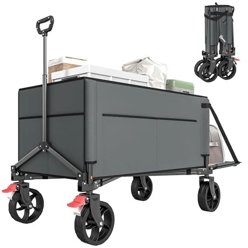 Outsunny Festival Trolley on Wheels, 150L Folding Camping Trolley Cart with Openable Sides, Adjustable Handle and Brakes for Shopping Beach Garden Fishing, Grey