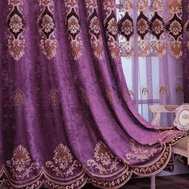 Amidoudou 1 Pair European Luxury Embroidered Curtains for Living Room Bedroom Chenille Curtains (Purple,63x95 Inch)