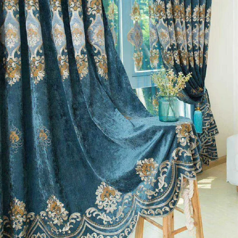 Amidoudou 1 Pair European Luxury Embroidered Curtains for Living Room Bedroom Chenille Curtains (Blue,63x102 Inch)