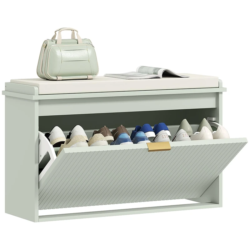 HOMCOM Shoe Bench with Padded Seat Cushion and Flip-Drawer, Shoe Cabinet Holds up to 120kg for Hallway, Entryway and Porch, 80x26x47.5cm, Green