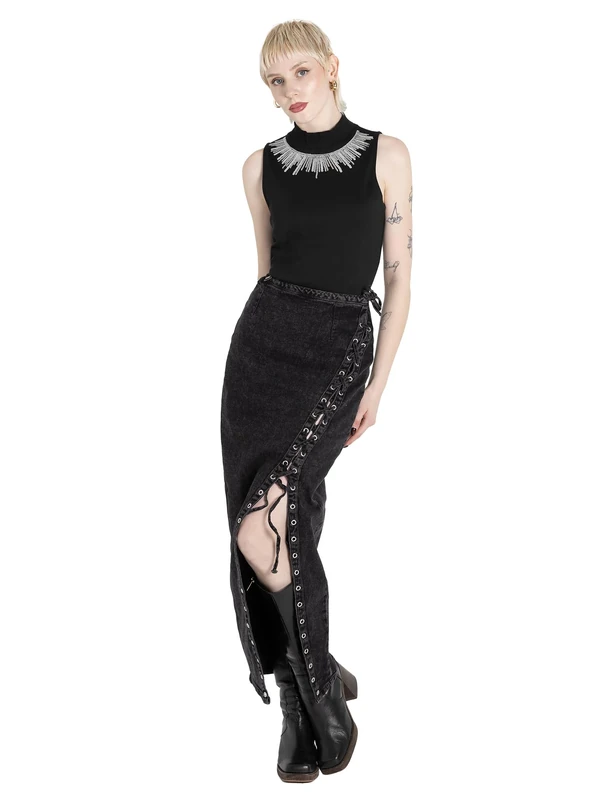 Enorsia Womens Black Denim Skirt with Asymmetric Lace-Up Details, Slim Fit Maxi Skirt, Side Zip Closure with Adjustable Belt, Comfort Stretch Fabric (Black,18)