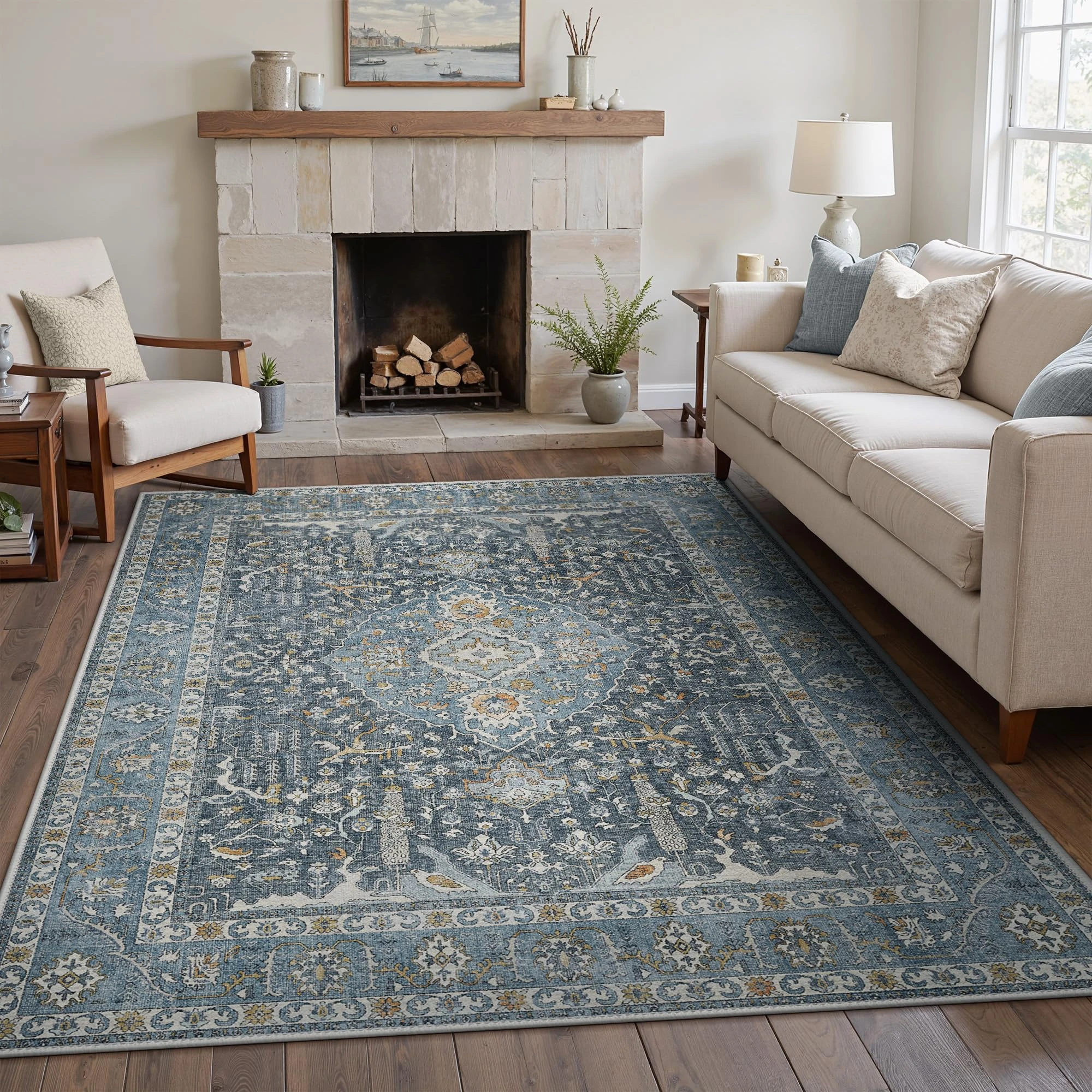 GENIMO Area Rug 6'x9', Vintage Large Rugs with Non-Slip Backing, Ultra-Thin Low Pile Soft Woven Fiber Carpet for Living Room, Bedroom, Dining Room, Nursery, Blue Black