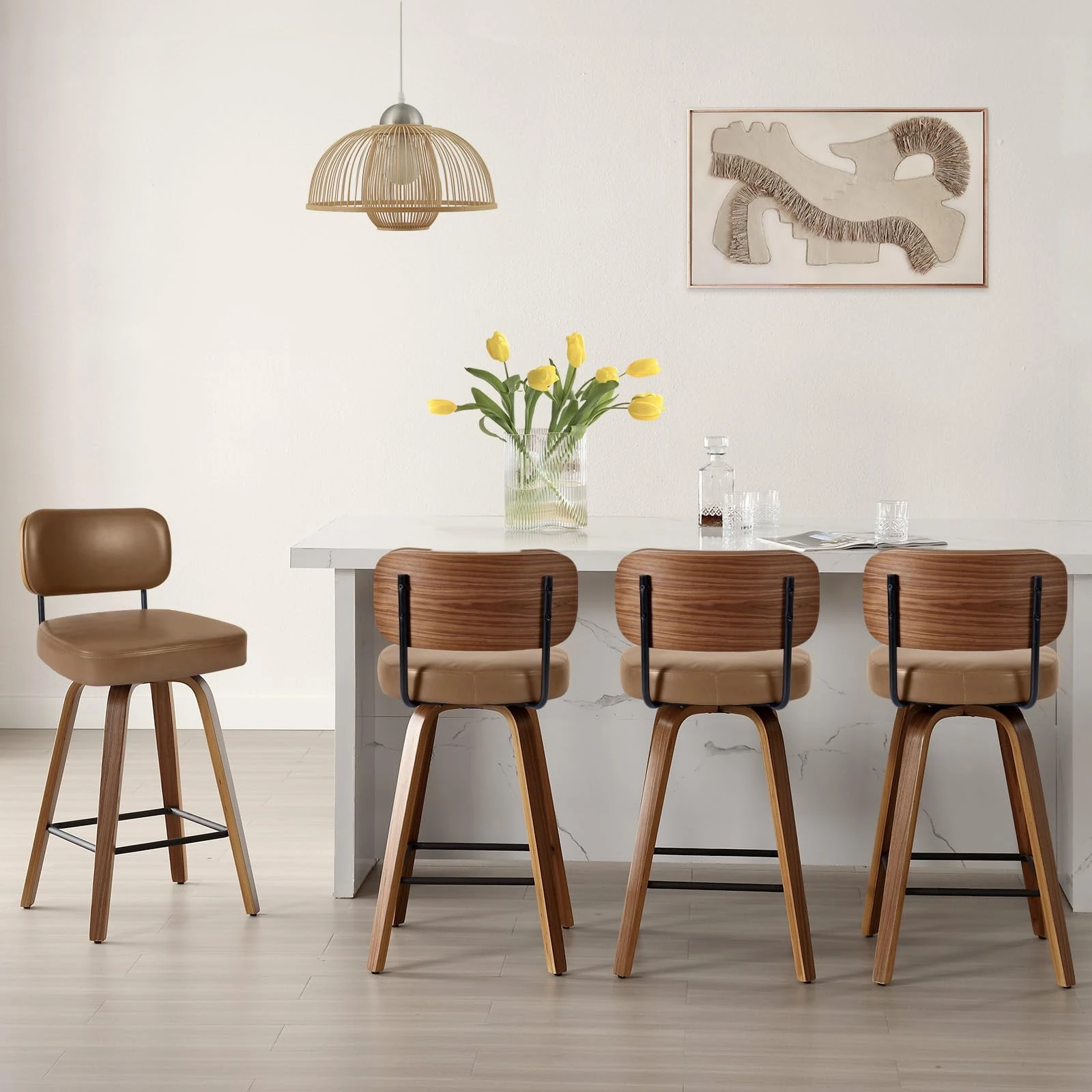 Bekrvio Swivel Counter Height Bar Stools Set of 4, 65CM Upholstered Faux Leather Barstools with Back and Bent Wood Legs, Mid Century Modern Bar Chair Island Stool for Kitchen Counter, Brown