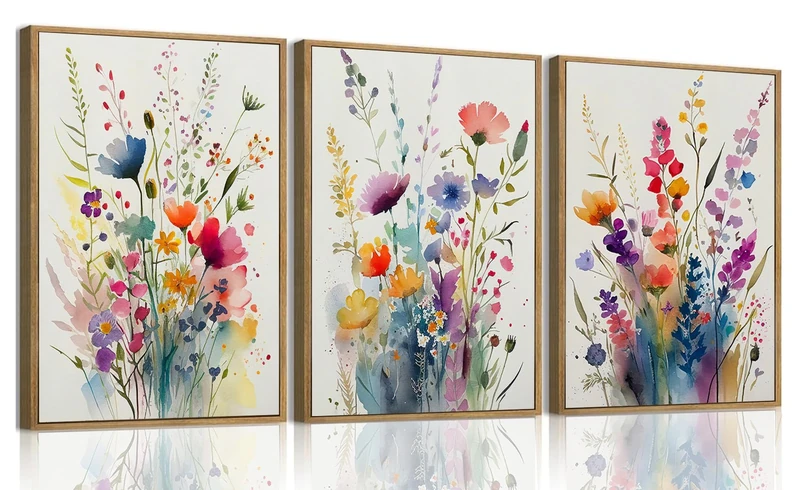 KISSFOX 3 Piece Colorful Wildflower Botanical Framed Wall Art Watercolor Floral Canvas Art Prints Boho Flower Pictures Wall Decor Modern Minimalism Paintings Artwork Girls Bedroom Living Room Bathroom