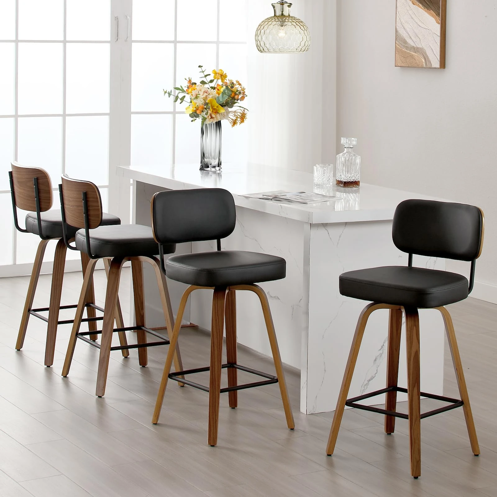 Bekrvio Swivel Counter Height Bar Stools Set of 4, 66CM Upholstered Faux Leather Barstools with Back and Bent Wood Legs, Mid Century Modern Bar Chair Island Stool for Kitchen Counter, Black