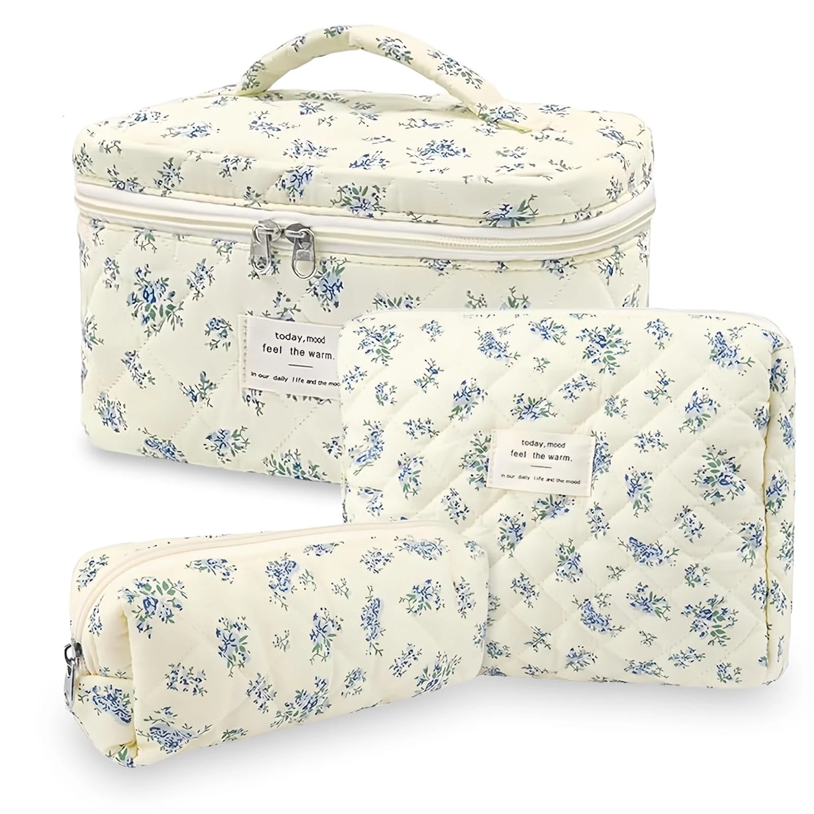 Aucuu 3PCS Coquette Makeup Bag, Quilted Makeup Bag for Women, Floral Cotton Cosmetic Bag Set, Large Capacity Aesthetic Floral Toiletry Bag, Travel Toiletry Bag, Wash Organizer Pouch for Women Girls