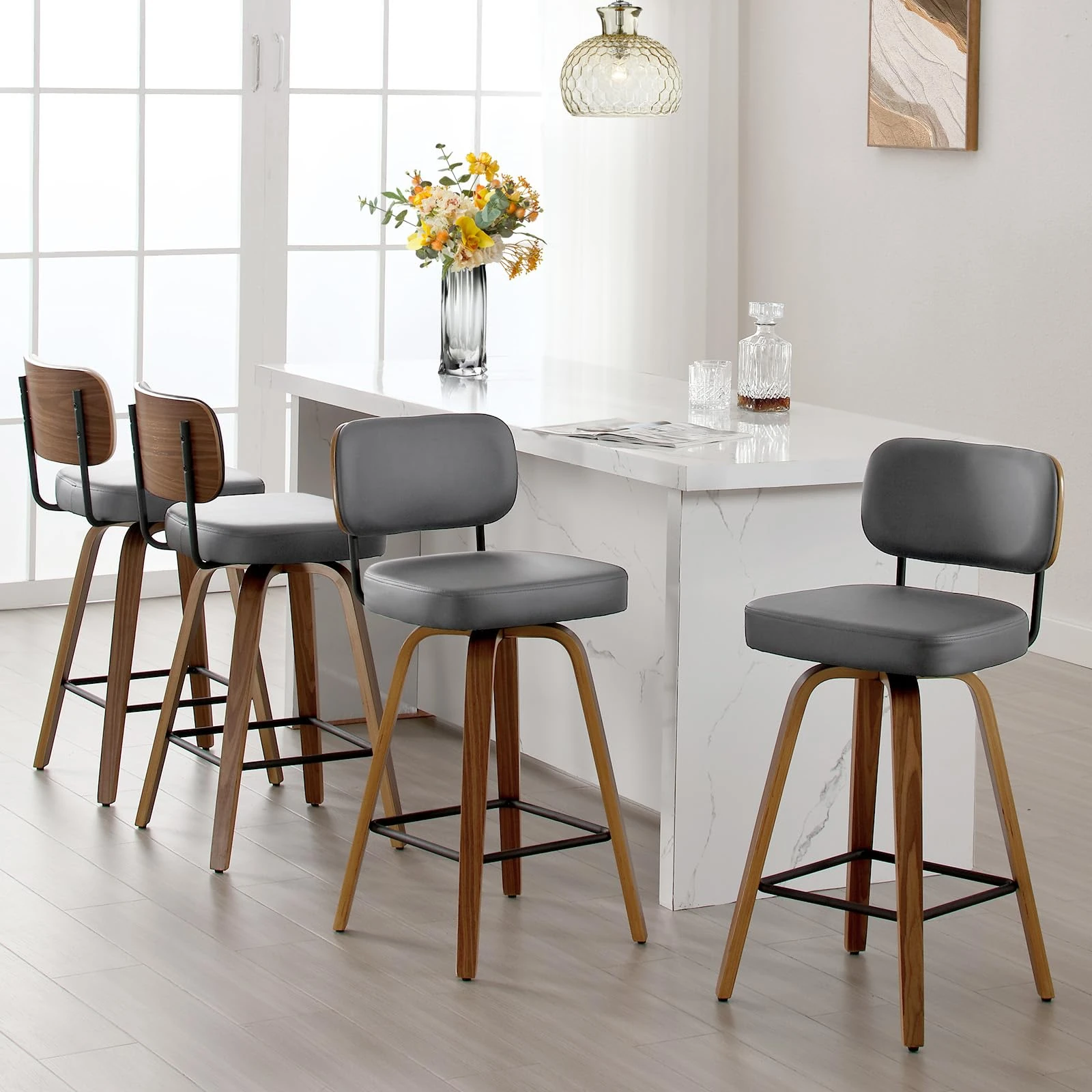 Bekrvio Swivel Counter Height Bar Stools Set of 4, 65CM Upholstered Faux Leather Barstools with Back and Bent Wood Legs, Mid Century Modern Bar Chair Island Stool for Kitchen Counter, Cream White
