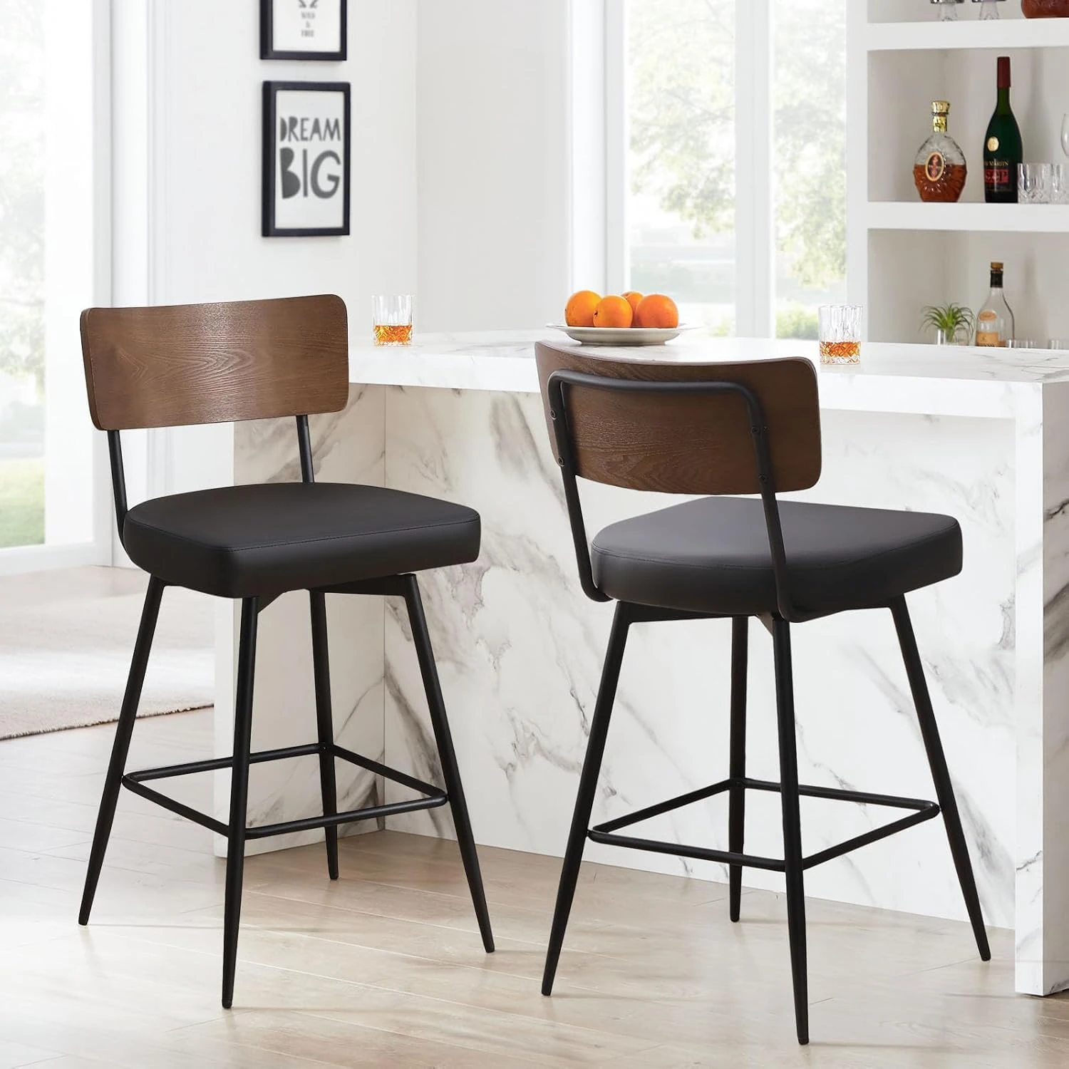 Bentwood Swivel Bar Stools Set of 2,Counter Height Upholstered Faux Leather Barstools with Wood Backs and Metal Legs, 66cm Seat Height for Kitchen Island Dining Room