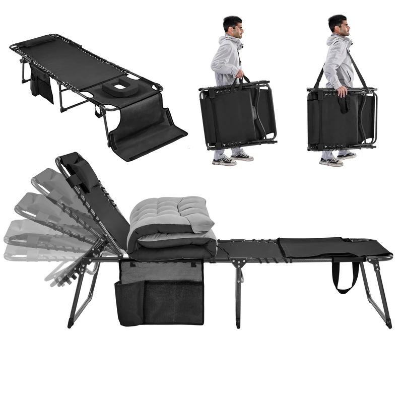 Yaheetech Outdoor Foldable Sun Lounger with Face Hole and Removable Padded Cushion, 5-Position Adjustable Tanning Chair with Pillow and Side Pocket, for Garden, Balcony, Beach, Black