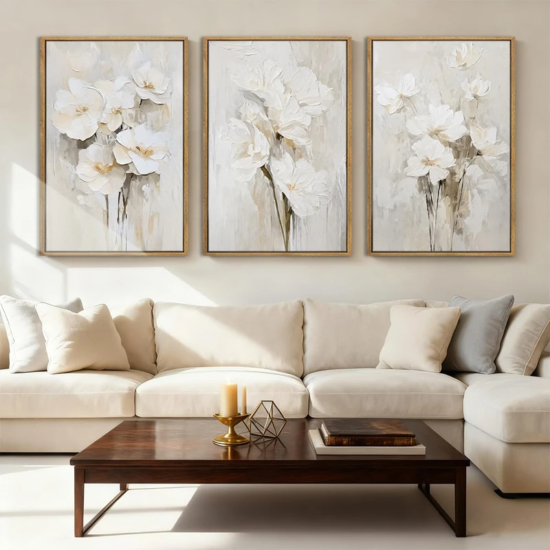 Anyzal Framed Neutral Beige Floral Wall Art Large 16x24 Inch White Cream Flower Canvas Wall Decor Modern Botanical Farmhouse Painting for Living Room Bedroom Dining Room Set of 3
