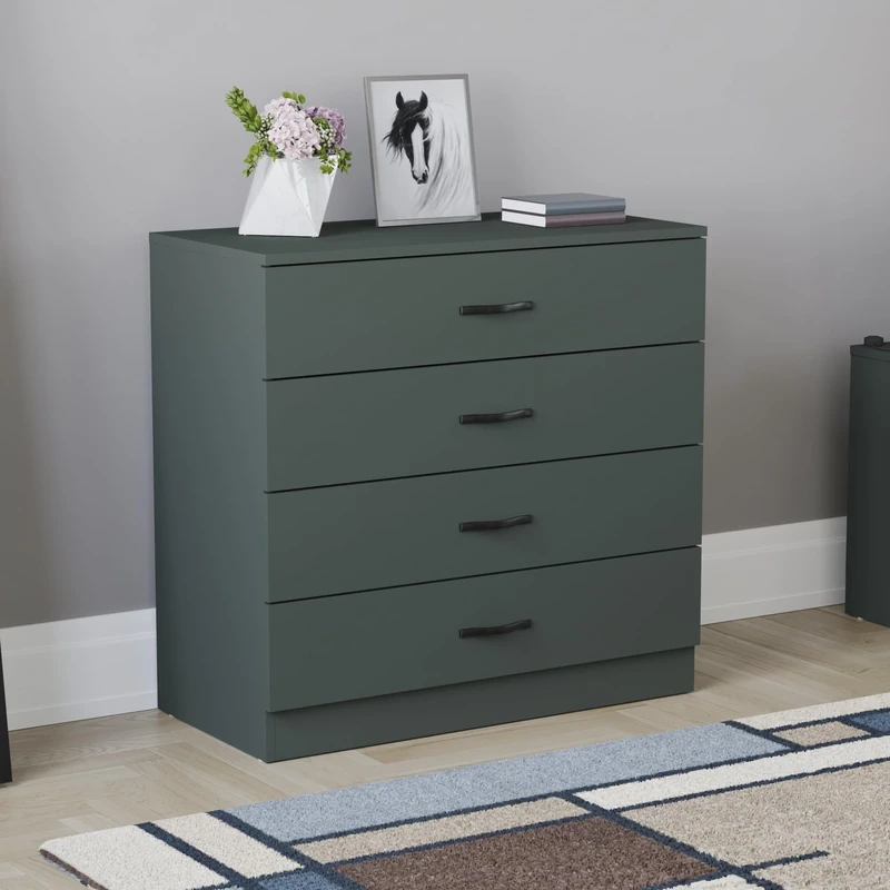 Vida Designs Riano 4 Drawer Chest of Drawers, Metal Handles and Runners, Anti-Bowing Drawer Support, Bedroom, Nursery Furniture, Jasper Green