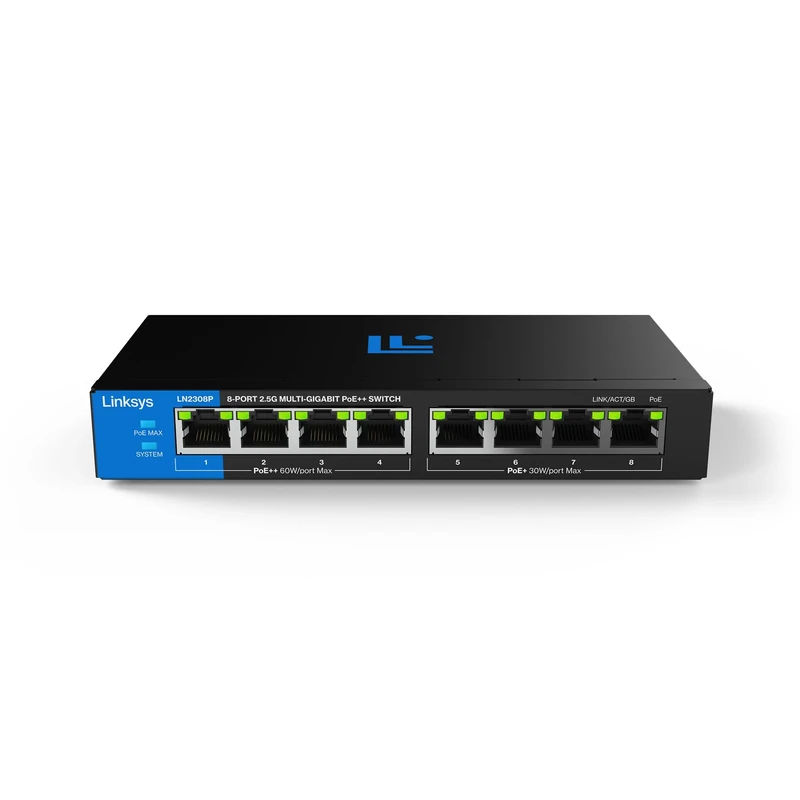 Linksys 8-Port, 2.5G Multi-Gig Unmanaged PoE++ Switch | Energy-Efficient Ethernet | Full-Duplex Flow Control | For WiFi 6/6E/7 Access Points & IP Surveillance Cameras | Metal Casing | 180 W PoE Budget