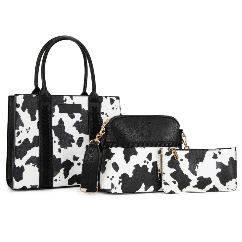 Wrangler 3Pcs Purses for Women Tote Bag Crossbody Handbag Sets with Strap, Cow Black, M