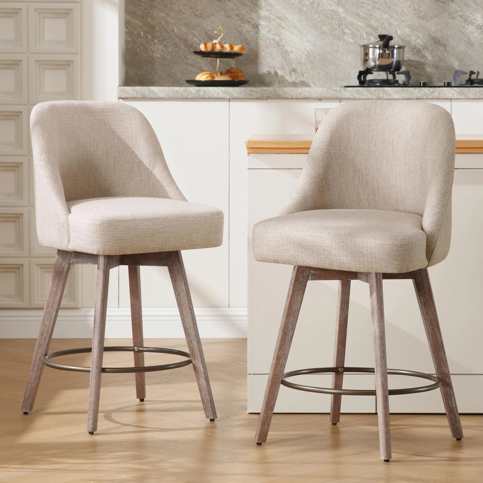 Bekrvio Counter Height Bar Stools Set of 2, Modern Mid-Century Swivel Barstools with Backs and Wood Legs, Linen Fabric Upholstered Chairs 66CM Seat Height Counter Stools (Linen Sand, 2PCS)