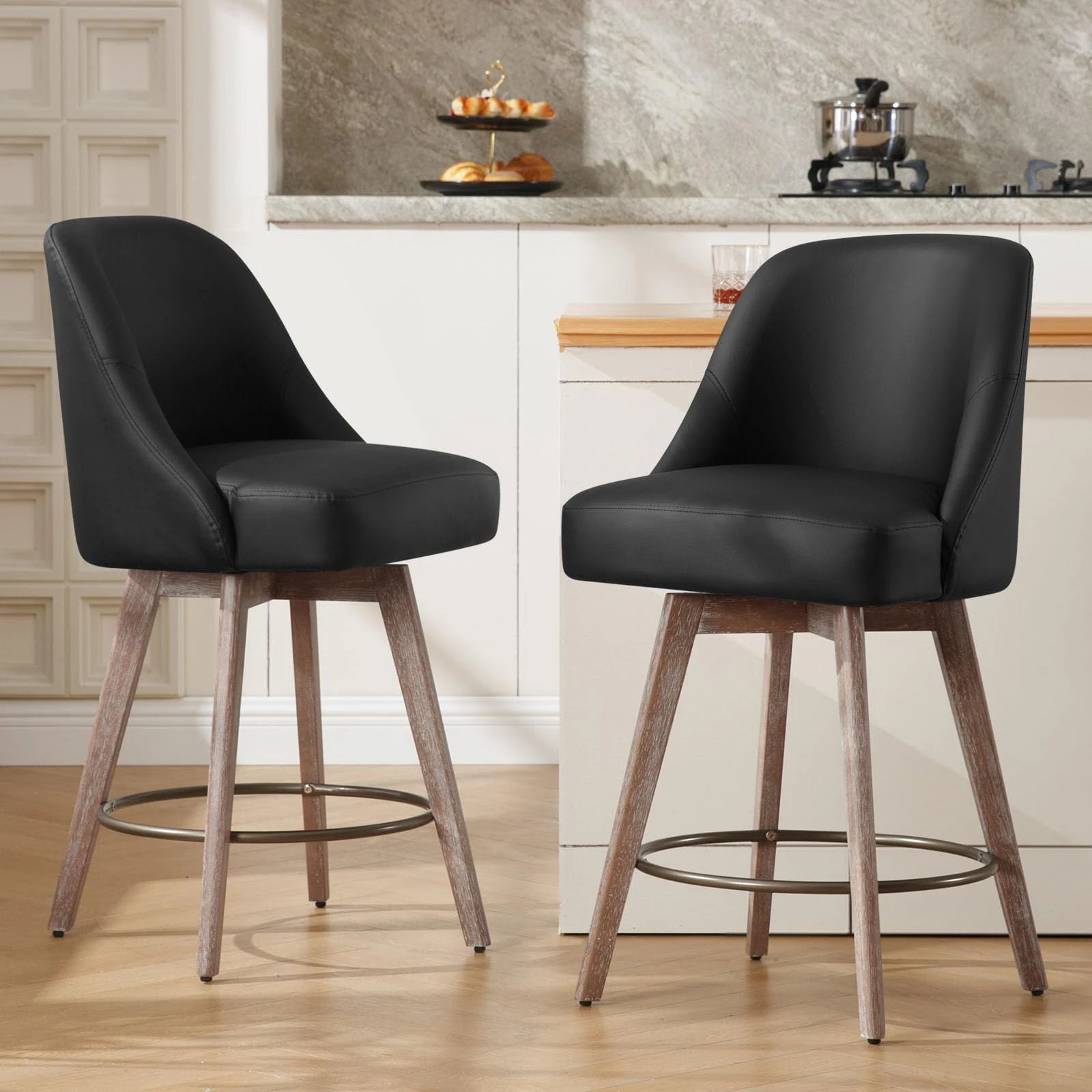 Bekrvio Counter Height Bar Stools Set of 2, Modern Mid-Century Swivel Barstools with Backs and Wood Legs, Linen Fabric Upholstered Chairs 66CM Seat Height Counter Stools (Pu Black, 2PCS)