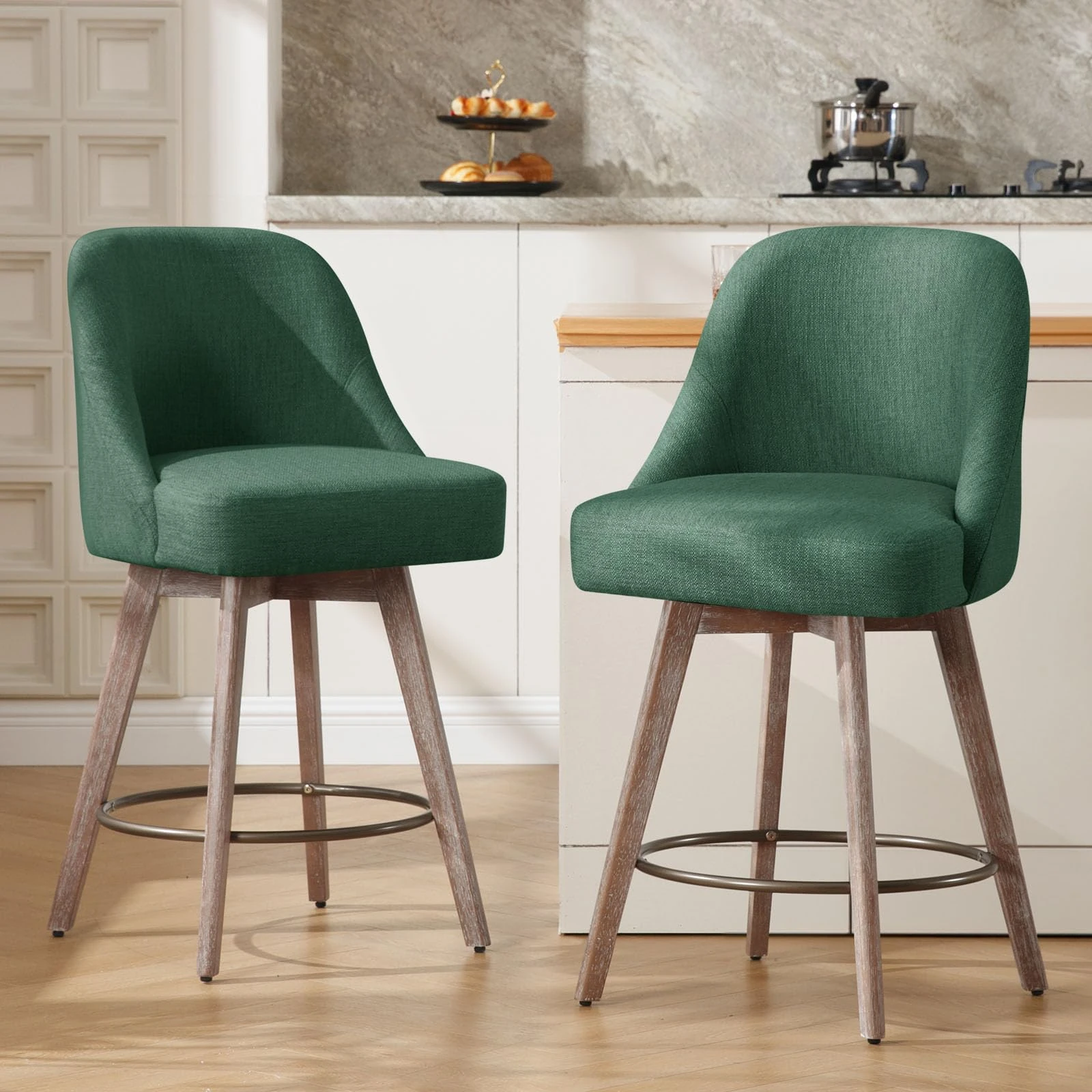 Bekrvio Counter Height Bar Stools Set of 2, Modern Mid-Century Swivel Barstools with Backs and Wood Legs, Linen Fabric Upholstered Chairs 66CM Seat Height Counter Stools (Linen Green, 2PCS)