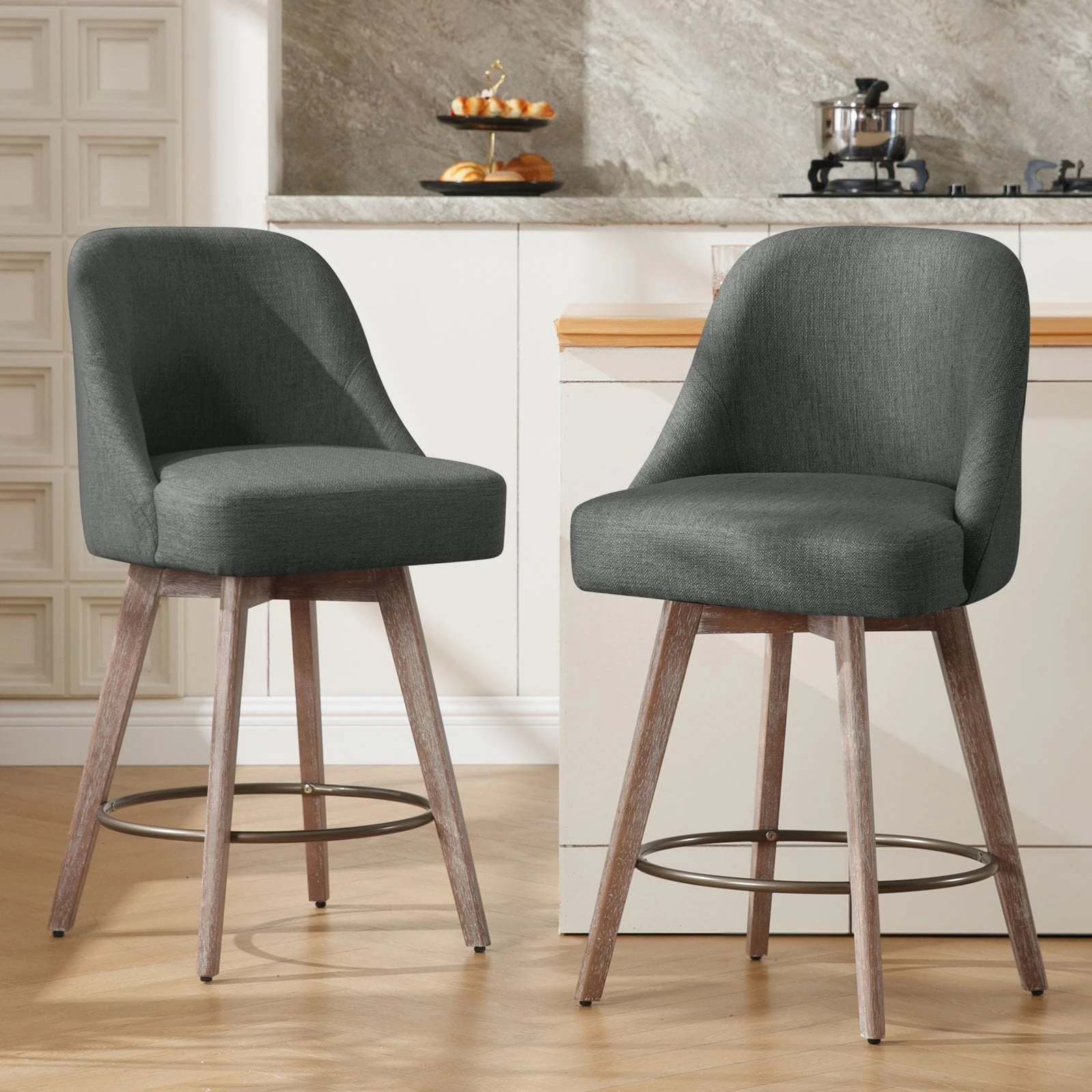 Bekrvio Counter Height Bar Stools Set of 2, Modern Mid-Century Swivel Barstools with Backs and Wood Legs, Linen Fabric Upholstered Chairs 66CM Seat Height Counter Stools (Linen Gray, 2PCS)