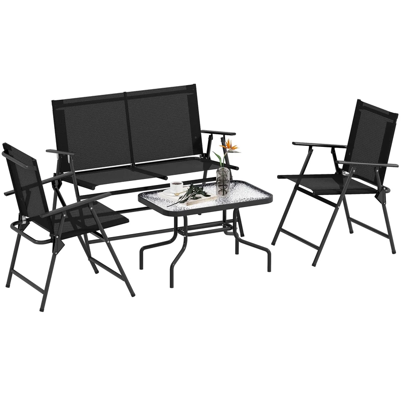 Outsunny Outdoor 4 Pieces Patio Furniture Set with Breathable Mesh Fabric Seat & Backrest, Garden Set with Two Foldable Armchairs, a Loveseat & Glass Top Table, Black
