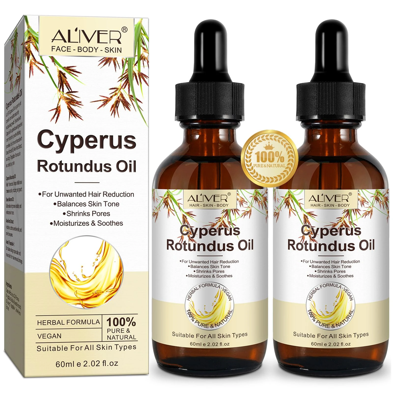 Cyperus Rotundus Oil for Hair Removal, 2 Packs 100% Pure Natural Body and Facial Hair Removal for Women, Reduces Unwanted Hair Growth After Shave, Shrink Pores, Hydrates, Soothes and Repairs Skin